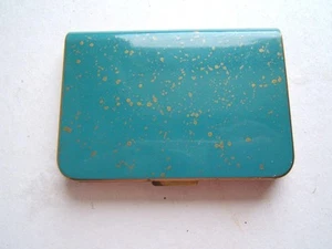 VINTAGE WADSWORTH TURQUOISE & GOLD SPECKS ENAMELED POWDER COMPACT - Picture 1 of 11