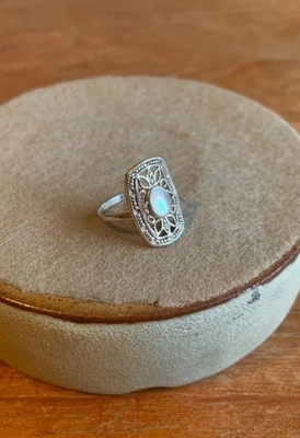 Винтажное филигранное кольцо из стерлингового серебра 925 пробы с перламутром в стиле ар-деко - Изображение 1 из 4