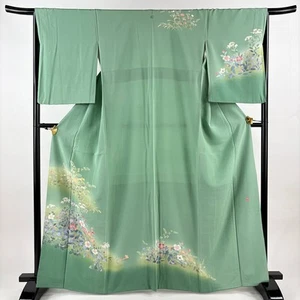 Japanese Kimono Homongi Flowers and plants Blurred Green Pure silk 164.5cm - Picture 1 of 8