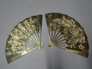 "2 abanicos de mano de latón macizo estilo asiático oriental de colección levantados dragón fénix 7""x11,5""" - Imagen 1 de 4