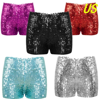 Boys Girls Dance Shorts Sequins Pants Shiny Sparkle Kids Performance Costume - Image 1 of 2