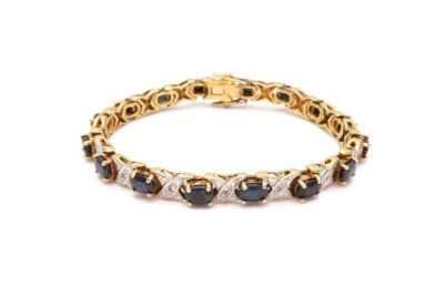 Gold Plated Sterling Silver 925 Sapphire Diamond Bracelet 7.25" D3 - Image 1 of 4