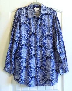 Soft Surroundings Linen White &Blue Women's Button Up Blouse Shirt Top SZ M - Picture 1 of 2