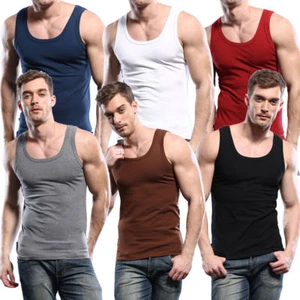 MEN SLEEVELESS COLOR VESTS TANK TOP UNDERWEAR INNERWEAR TRAINING GYM 100% Cotton - Picture 1 of 4