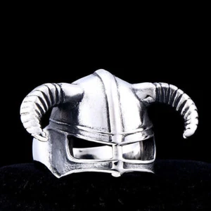 Vintage Viking Horn Gladiator Helmet Ring Stainless Steel Men's Biker Punk Ring - Picture 1 of 4