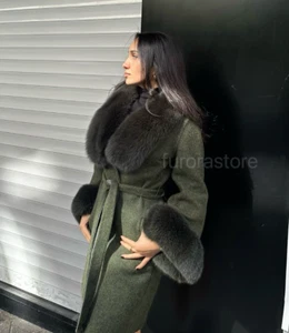 Alpaka Mantel mit Fuchspelz Akzenten - Damen Pelzmantel - einzigartiger Pelzmantel, warm, Gürtel - Bild 1 von 4