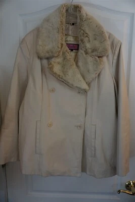 Excelled Ivory Leather Double Breasted Coat Removable Faux Fur Collar Sz XL - Image 1 of 4
