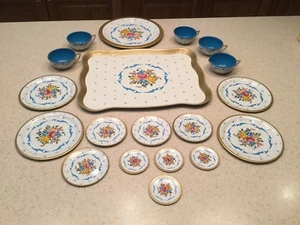 Vintage Ohio Art Tin Litho Tea Set Dolphin Pattern Flowers Foral Blue White Gold - Picture 1 of 11