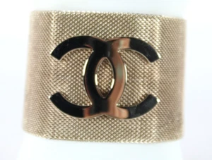 CHANEL 17A Gold Tone Metal Mesh CC Logo Detail Snap-On Cuff Bracelet - Picture 1 of 9