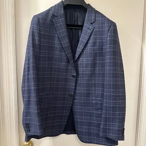 Theory Plaid Wool Blazer Navy Gray Check Size 42R Slim Fit Sport Coat Jacket - Picture 1 of 5