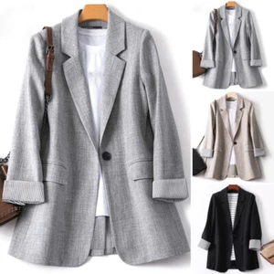Womens Button Long Sleeve Splice Blazer Casual Office Work Suit Jackets Coat - Picture 1 of 13