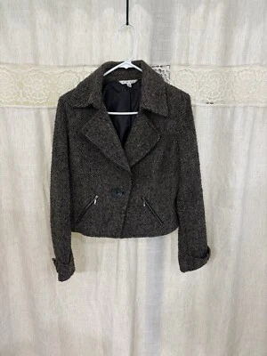 CABI Moto Jacket Womens 8 Zipping Pockets Wool Blend Black & Beige Tweed Blazer - Image 1 of 4
