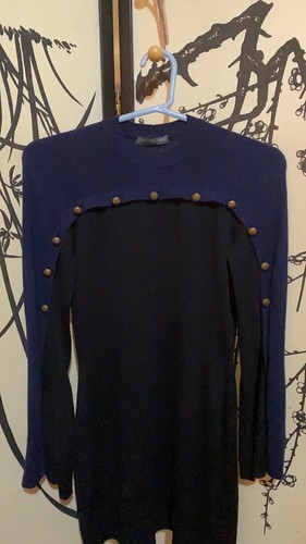 Abito a maglia Alexander McQueen Bodycon nero crepuscolo blu con bottoni con intarsi oro