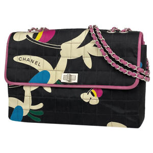 Chanel Chocolate Bar 2.55 Chain Shoulder Bag Flower W Canvas Black Multicolor A1