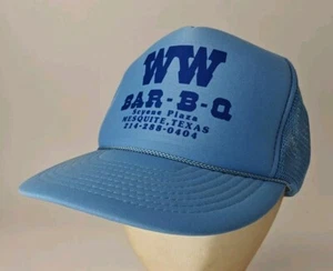 Vtg WW Bar-B-Q Mesquite Texas Blue Mesh Trucker Snapback Hat - Picture 1 of 10