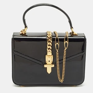 Gucci Black Patent Leather Mini Sylvie 1969 Top Handle Bag - Picture 1 of 10