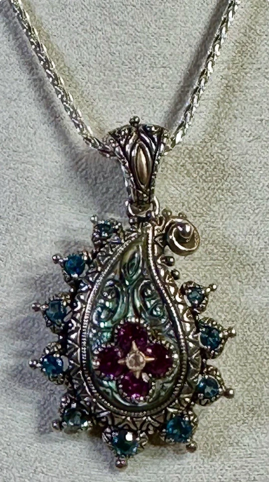  Barbara Bixby 925 Silver 18k Gold Garnet & Topaz Paisley Pendant/Necklace Lot#6 - Image 1 of 4