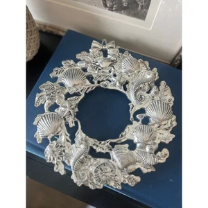 Coastal Silver Tone Trivet or Wreath, Seahorse Shell Starfish Nautical Decor, 9” - Picture 1 of 6
