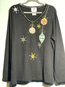 Suéter Negro XL Quacker Factory Adornos de Navidad Borde de Terciopelo Metálico XL - Imagen 1 de 11