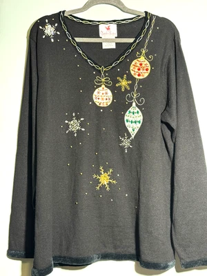 Suéter Negro XL Quacker Factory Adornos de Navidad Borde de Terciopelo Metálico XL Foto 1 de 4