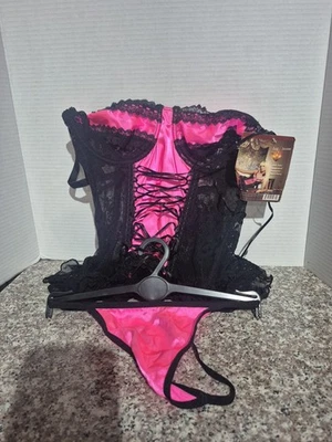 Leg Avenue Womens Satin Underwire Black/Pink Camigarter & G String Large  - Image 1 of 2