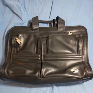 American Tourister Leather Bag Laptop Black Briefcase Carry-on messenger travel - Picture 1 of 5