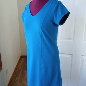 Toad & Co Aquaculture Short Sleeve Dress L blue teal princess seams zip pocket - Picture 1 of 12