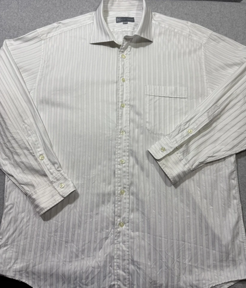 Hickey Freeman 衬衫男式 17.5 34 白色蓝色条纹棉质连衣裙加拿大制造 — 第 1/4 张图片