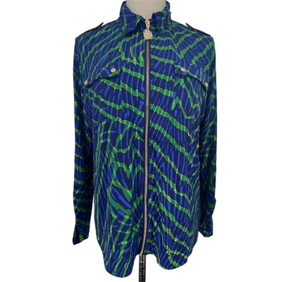 Anne Klein Women's Animal Print Jacket Size M   Zip Blue Gold Top  - Image 1 of 4