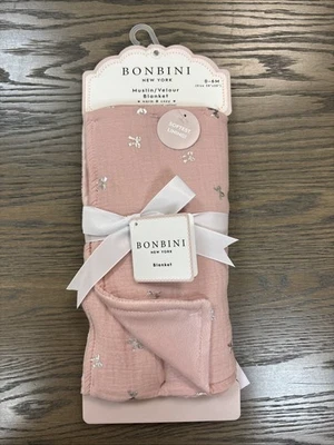 Новый с ярлыками Bonbini муслин/велюр одеяло - розовато-лиловый с серебряными бантами - РЕДКАЯ - Изображение 1 из 4