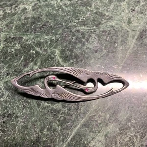 Art Nouveau Intertwined Kissing Cranes Sterling Silver Brooch Ruby Eyes - Picture 1 of 5
