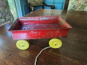 Vintage Wyandotte ? Pressed Steel Red Wagon Cart With Yellow Wooden Wheels - Picture 1 of 12