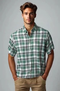 Weatherproof Vintage WASHABLE LINEN Butn Shirt Mens XL 50x29 Blue Green Plaid SS - Picture 1 of 10