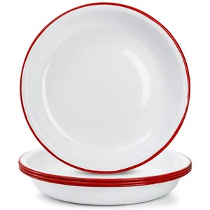 Set of 4 Enamel Dinner Plates 10 Inch Round Dinner Plate with Red Rim Retro S... - Picture 1 of 6