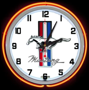 15" Orange Mustang Double Neon Chrome Clock - Foto 1 di 1