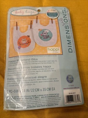Dimensions Stamped Cross Stitch Happi Woodland Bibs Owl/ Raccoon-NEW/SEALED - Image 1 of 3