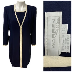 Warren Petites Damenkleid Größe 12 Vintage blau cremefarbener Besatz Reißverschluss hinten Büro Arbeit - Bild 1 von 12