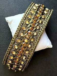 Deepa Gurnani Handmade Embroidered Cuff Bracelet w/Brown Glass Beads Metallic  - Picture 1 of 10