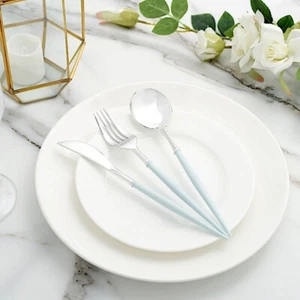 24 SILVER BLUE Plastic CUTLERY Disposable Spoon Fork Knife Set Party Supplies - Picture 1 of 8
