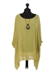 Italian Ladies Plain Cotton Womens Lagenlook Tunic Batwing Box Top with Necklace - Picture 1 of 32