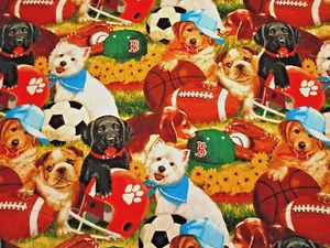 Dog Fabric 1 3/8+ Yard Realistic Puppy Dogs Baseball Football Premium Cotton #C - Picture 1 of 2