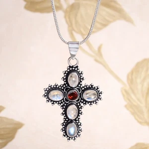 Moonstone & Faceted Garnet Gemstone 925 Sterling Silver Birthstone Cross Pendant - Picture 1 of 6