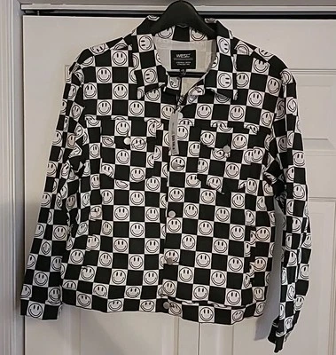 Y2K WESC Trucker Jacket Smiley Face Black & White Checkered Jacket Mens Size M - Image 1 of 4