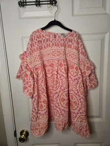 Crown & Ivy Womens Pink Puff Sleeve Top/ Size Large/Seashell Print/Keyhole Neck - Picture 1 of 12