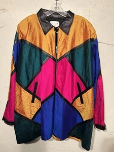 Kanar Silk Leather Trim Lined Jacket.            Size 3x? Chest Across 28" L 31" - Picture 1 of 3