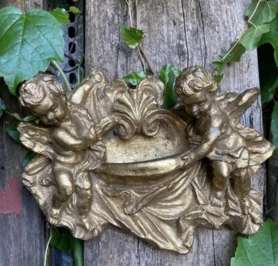 MCM Cherub Angel Holy Waters Wall Sculpture Resin Plaster Lightweight Gold Tone - Image 1 of 4