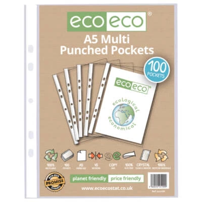 ECO-ECO Eco Eco A5 Multi Punched Pockets 100% Recycled Clear Poly Pockets - Pack of 100