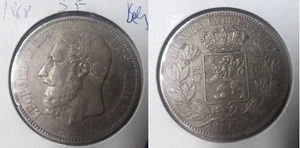 1868 Belgium Large Silver 5 Francs- Nice, Toned - Picture 1 of 1