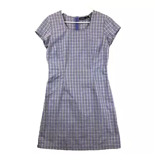 Patagonia Seersucker Sheath Dress Blue Plaid Womens 10 Zip Side Pocket - Flaw - Picture 1 of 12