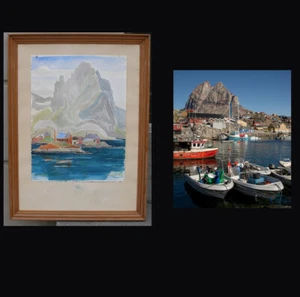 Whaling station at Uummannaq, Greenland. Ca 1940s. Fine modernist landscape. - Picture 1 of 1